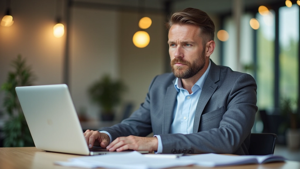 Selbstständiger arbeitet am Laptop mit Geschäftsunterlagen und Kalender auf dem Schreibtisch