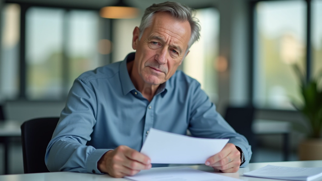 Älterer Arbeitnehmer sitzt am Schreibtisch mit Unterlagen zur Rentenplanung, sonniges Bürofenster im Hintergrund, nachdenklicher Ausdruck