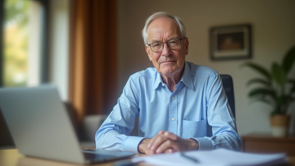 Älterer Mann schaut auf Laptop mit Dokumenten auf dem Schreibtisch