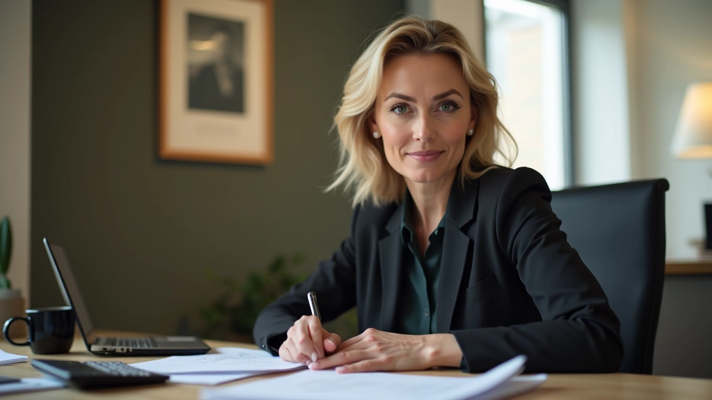 Person sitzt am Schreibtisch mit Dokumenten und Kalkulator, plant Altersvorsorge und Finanzstrategie