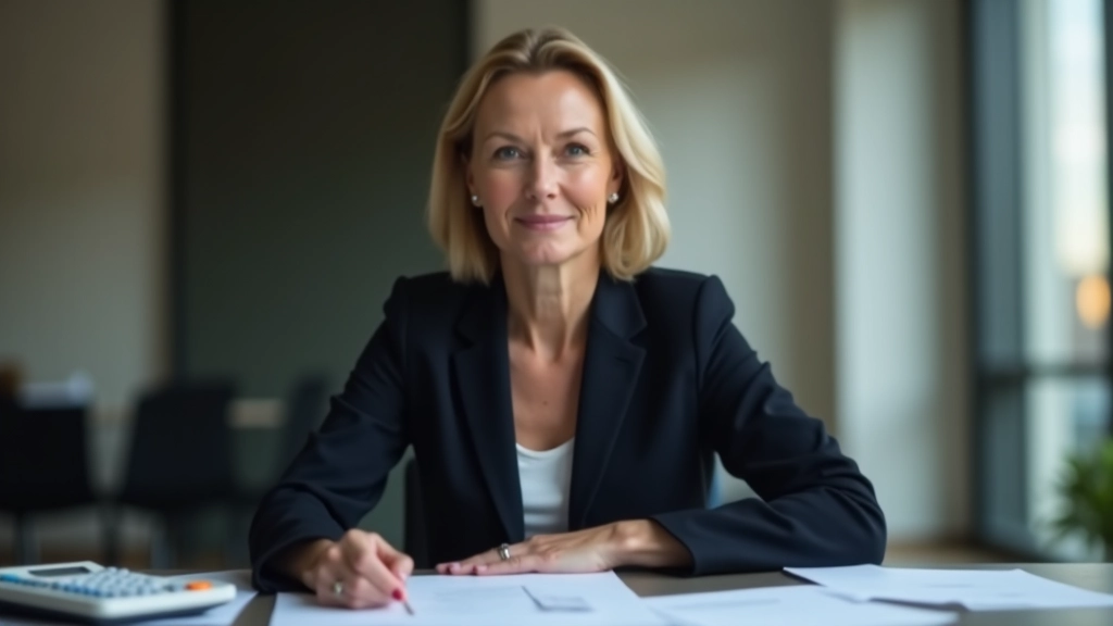 Frau mittleren Alters mit Taschenrechner und Rentenplan-Dokument am Tisch