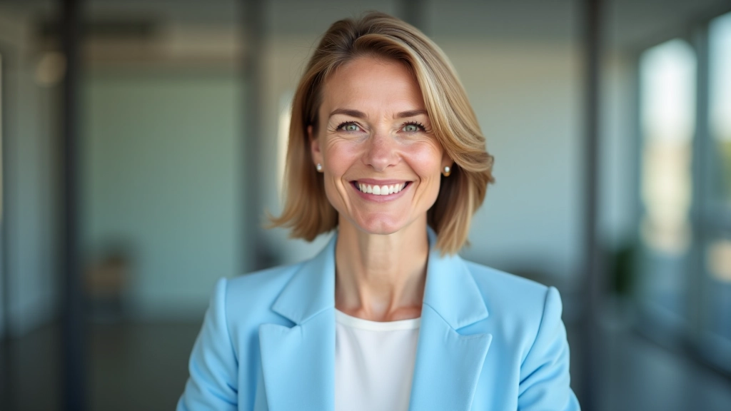 Porträt einer Frau mittleren Alters, die selbstbewusst lächelt, symbolisiert Planung und Zukunftsoptimismus bei der Altersvorsorge